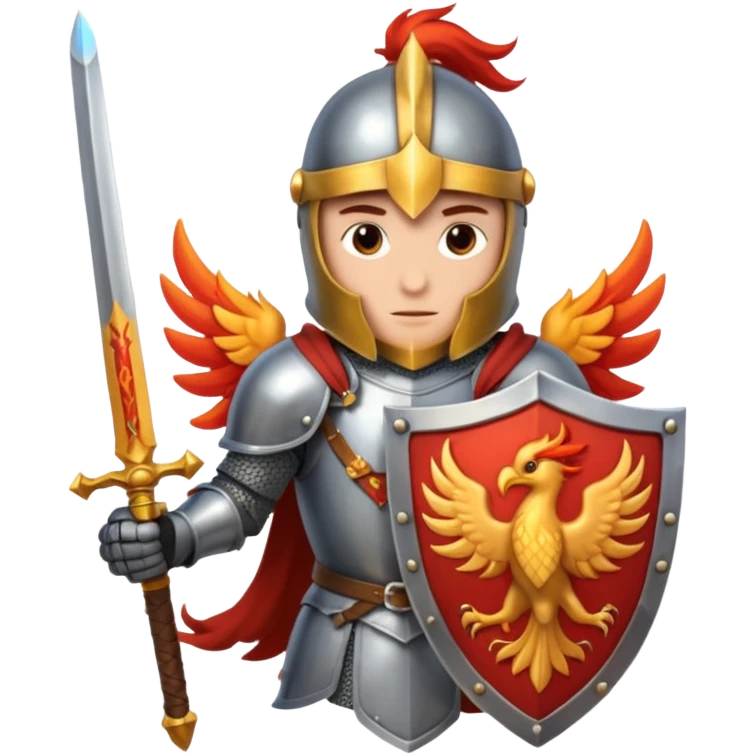 Knight with shield and sword.  Shield has a phoenix on it emoji
