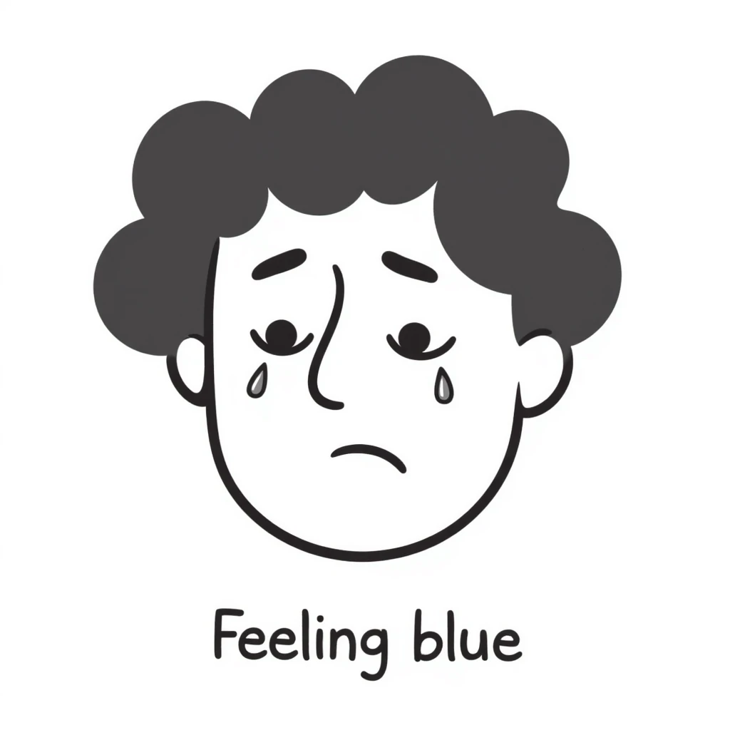 Sad face with tears saying "Feeling blue" emoji