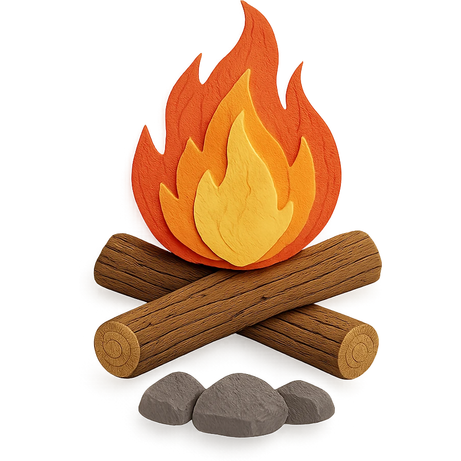 campfire, intricate flame textures, detailed wood grain, rocks with visible paper texture, paper craft style emoji