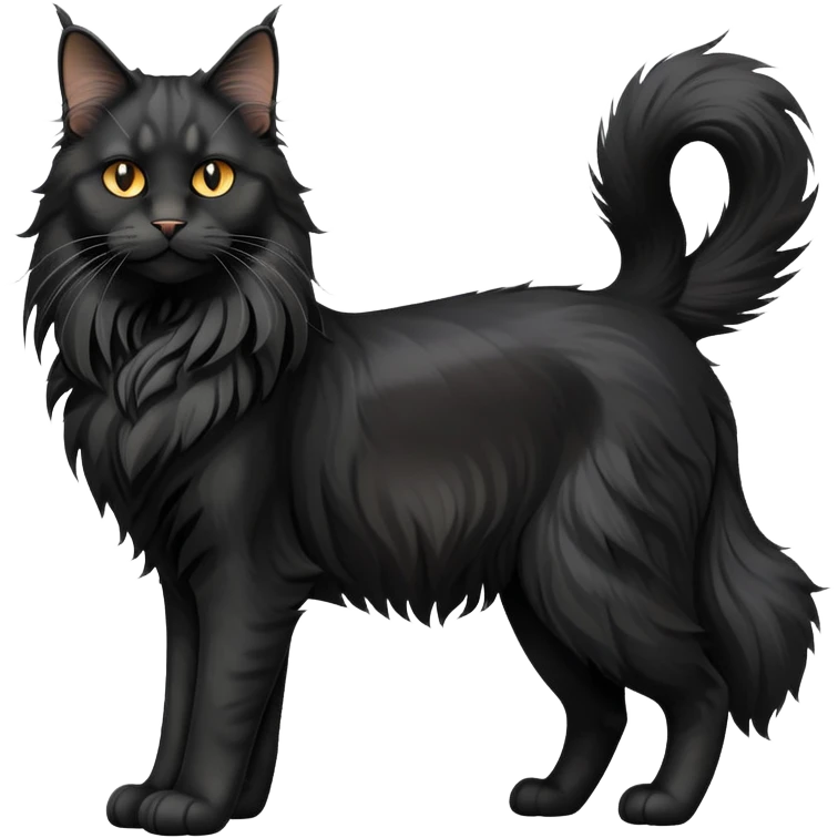 cinematic-black-maine-coon-cat-full-body-on all fours-emoji,-head-tilted-playfully-and-inquisitively,-sleek-solid black-fur,-simplified-yet-adorable-features,-highly-detailed,-glowing-with-a-warm,-friendly-glow -simplified-yet-realistic emoji