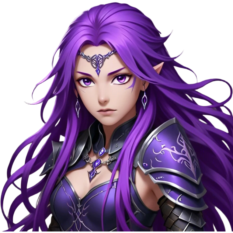 A mysterious warrior girl with long, flowing purple hair cascading down her back, strands catching the dim light like silk. Her piercing violet eyes glow beneath her furrowed brow, sharp with determination and wisdom beyond her years. She wears sleek black armor, a perfect fusion of elegance and lethality, adorned with intricate silver engravings resembling ancient runes. A dark cape billows behind her, torn at the edges from countless battles. emoji