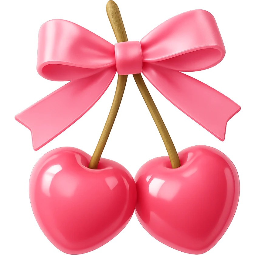 Create a 3D iOS-style illustration of two pink cherries with a pink bow. The cherries and bow should be glossy and realistic with soft lighting, using a more vibrant color palette. The background should be removed. emoji