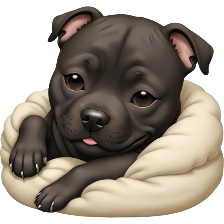 Meme-Worthy Cute Sleeping Black/Brindle Staffordshire Bull Terrier Portrait Emoji, Head resting peacefully with a contented smile, showcasing a delightfully compact build and a luxuriously soft Fur with an attractive black and brindle blend, eyes shut in a serene nap, Simplified yet hilariously adorable features, highly detailed, glowing with a soft, drowsy light, high shine, relaxed and utterly lovable, stylized with an air of playful laziness, bright and heartwarming, soft glowing outline, capturing the essence of a comically sleepy guardian, so meme-worthy it feels like it could instantly become the next viral sensation of adorable slumber! emoji
