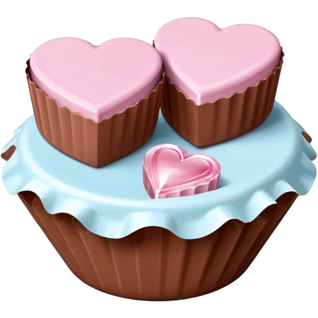 Two square milk chocolate pralines , sharp-edged glossy cubes placed diagonally side by side, each sitting in a small white fluted paper candy cup.
Flat thin pastel pink heart icing centered on top with fine sugar crystal sparkle, clean studio product lighting,  emoji