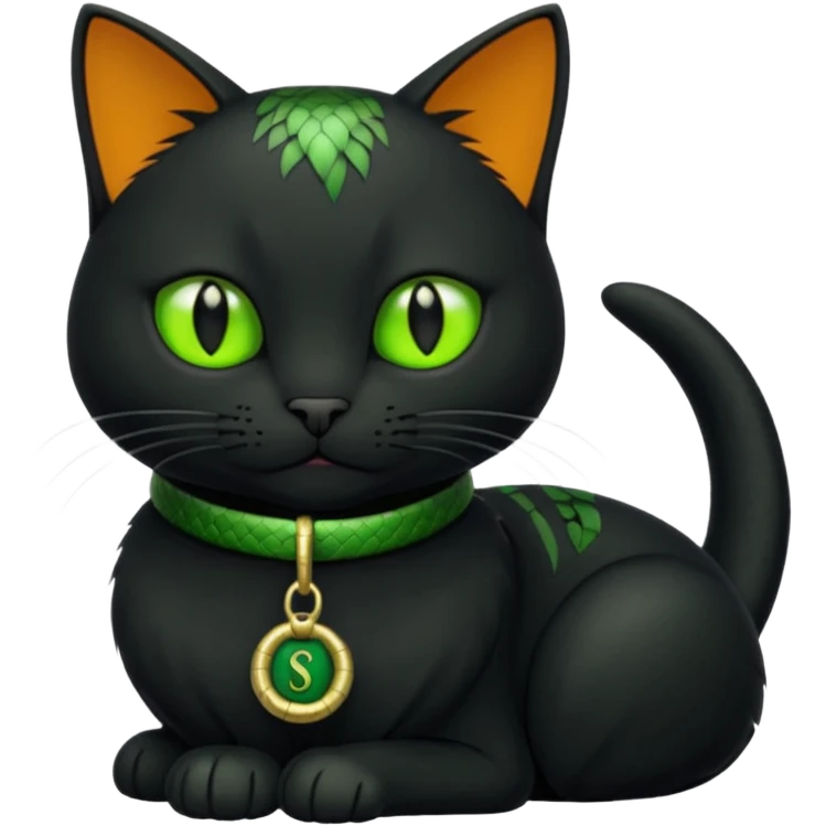A black cat wearing a green collar with a snake tag  emoji