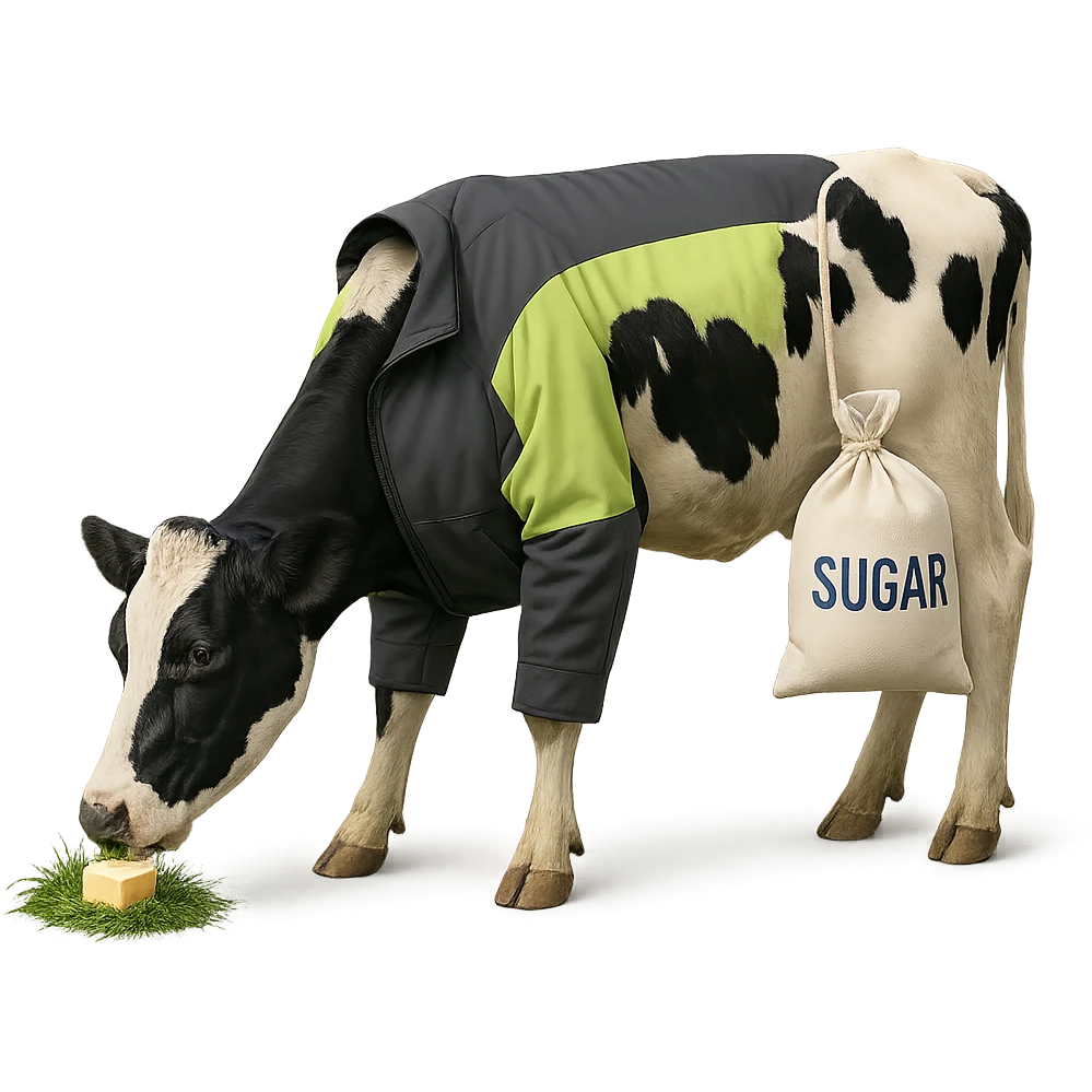 a cow sporting a gray and neon green jacket, eating grass with butter, and a bag of white sugar hanging from its side emoji