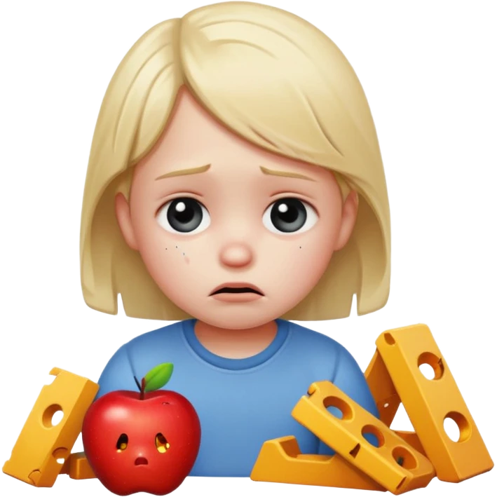 sad small child with pieces of a broken construction set, apple style emoji emoji