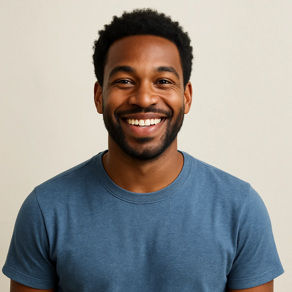 Black person smiling, casual clothing, friendly vibe, simple background emoji