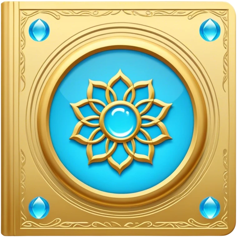 Un libro book dorado y azul celeste con detalles esmeralda, bordes luminosos y un símbolo de círculo zen, loto en la portada, irradiando presencia, tranquilidad y despertar espiritual. portada de libro emoji