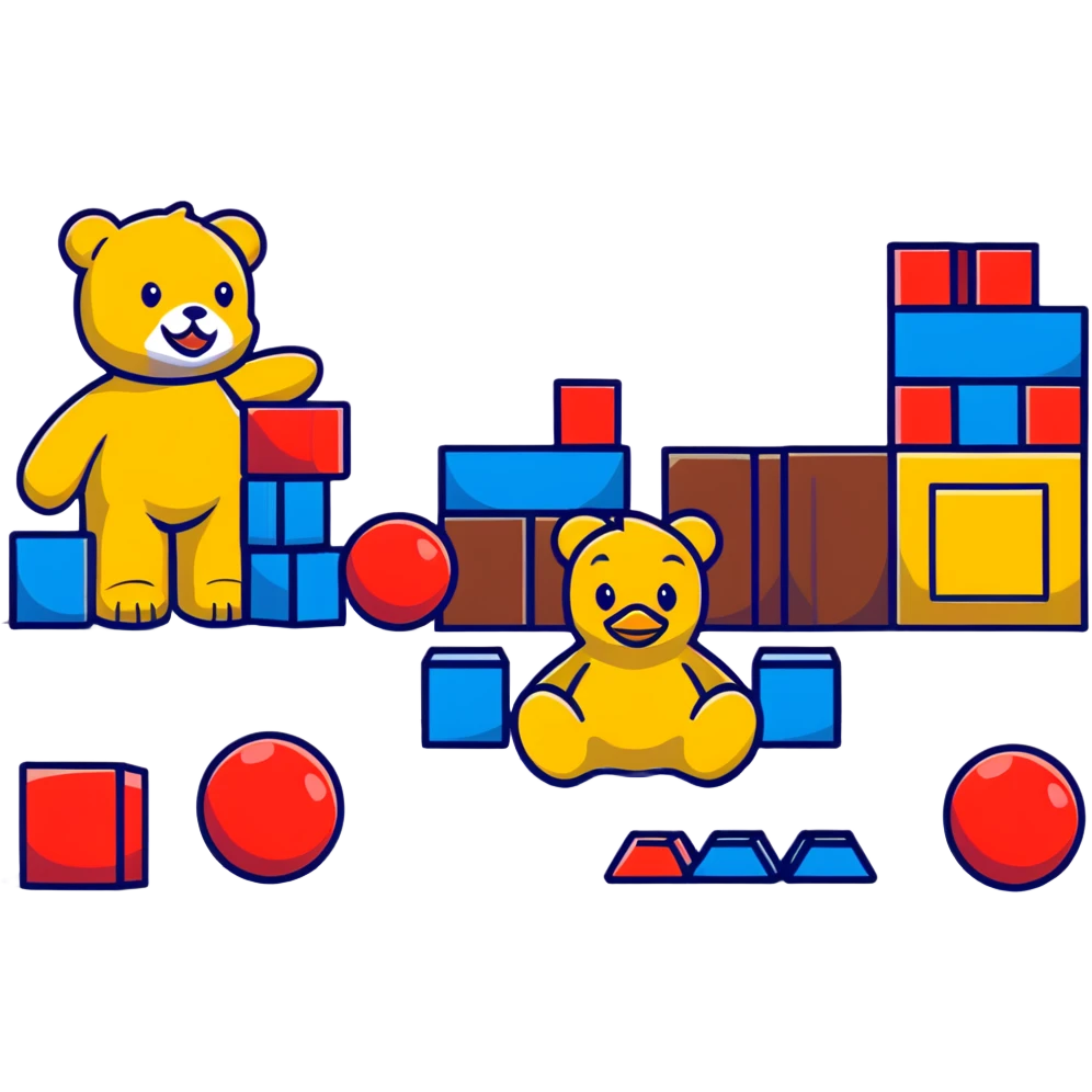 scattered children's toys on floor - teddy bear, rubber duck, blocks, ball, action figures emoji