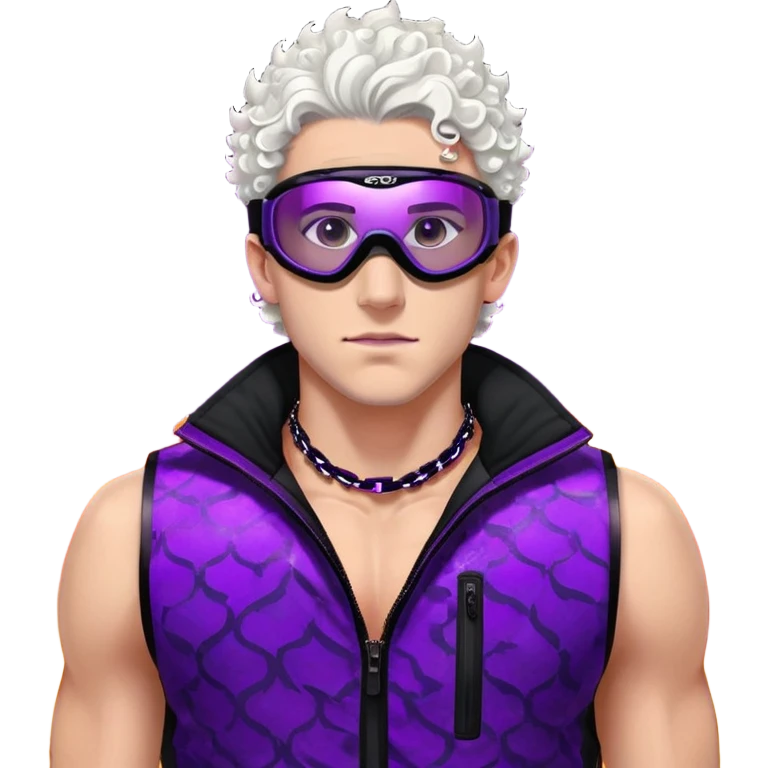 close-up of bad guy male athlete with white skin and moderately curly dark brown hair on top with shaved sides, wearing ski goggles with purple frames and very dark black lenses, a simple plain black chain necklace, and a completely unzipped sleeveless vest with purple and black sequin fire pattern design with no logo, with an extremely arrogant sneer on his face, looking menacing and villainous, exuding overconfidence and a threatening aura emoji
