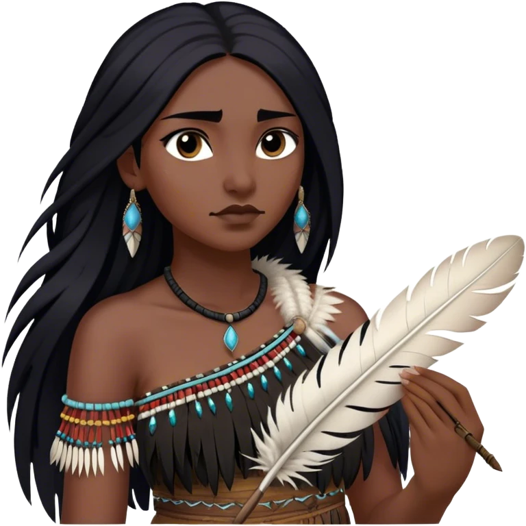 Cinematic Realistic Pocahontas Portrait, depicted with lifelike skin texture, soft natural lighting, and intricately detailed long, flowing raven-black hair that moves gracefully in the wind. Her deep, soulful dark brown eyes exude wisdom and strength, complemented by a serene yet powerful expression. She is shown gently holding a feather in one hand, her other hand resting lightly at her side, embodying the harmonious balance between nature and herself. She is dressed in her classic one-shoulder native American dress, with rich fabric textures and delicate beaded details that catch the light beautifully. The portrait features a soft, sun-kissed glow with a natural, radiant finish, capturing the essence of untamed beauty and deep connection to nature in a realistic and painterly style, evoking a sense of depth and authenticity. emoji