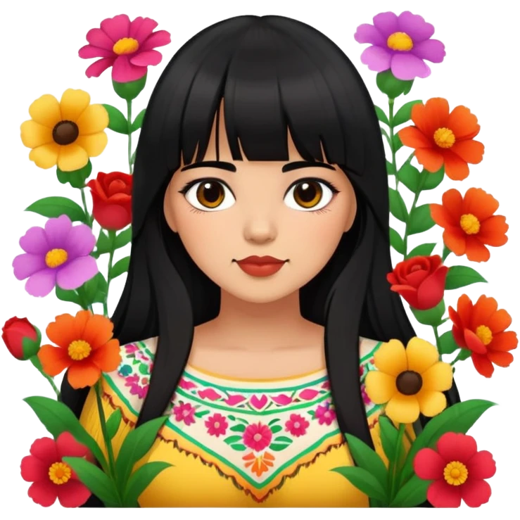 Mexican girl with bangs black long hair plus size with flowers emoji