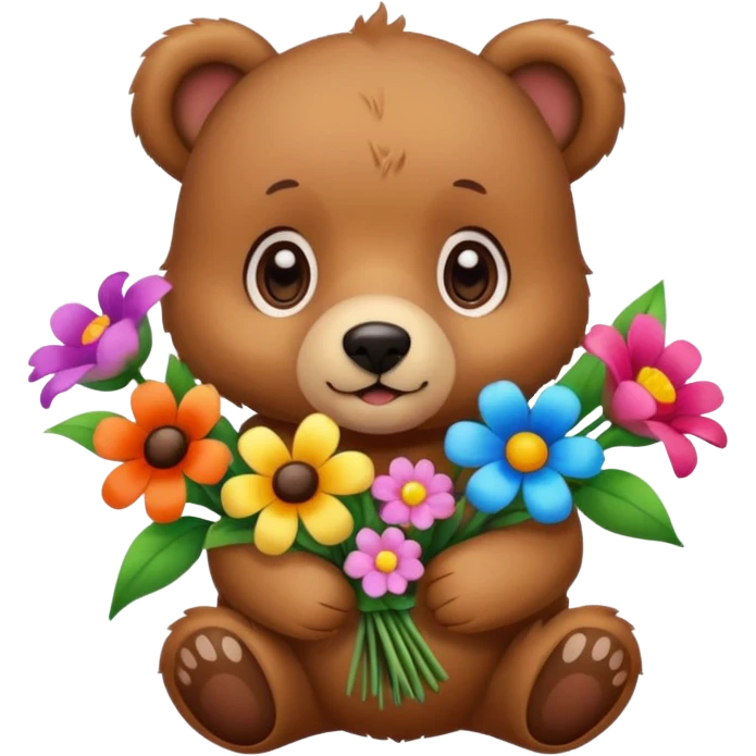 Cute bear with puppy dog eyes holding flowers emoji