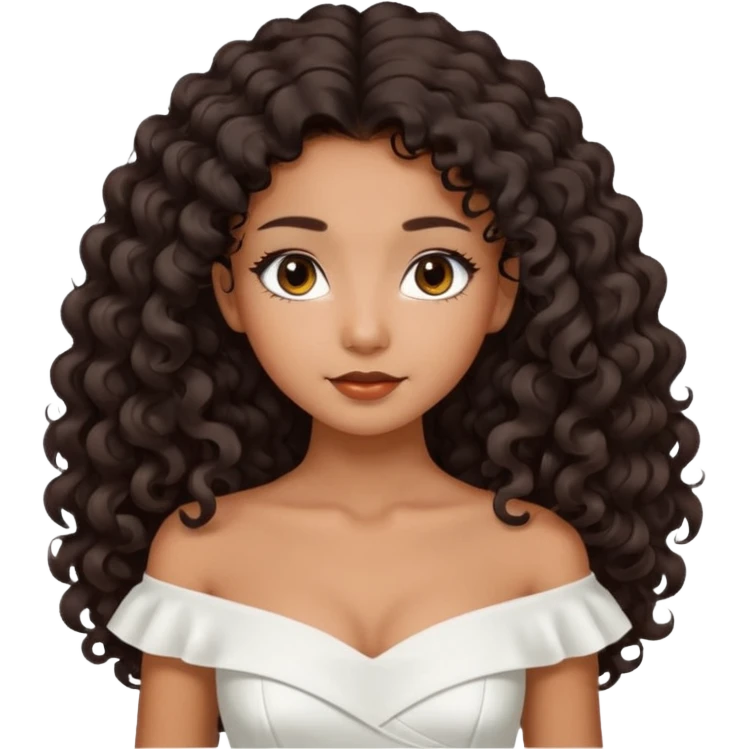 Dark tanned skin girl with very dark brown very big long curly hair, very dark Asian eyes, white dress at boatneck neckline   emoji