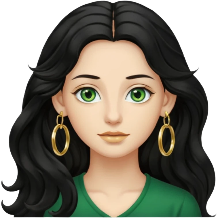Attractive wavy black long hair with green eyes and gold hoop earrings  emoji