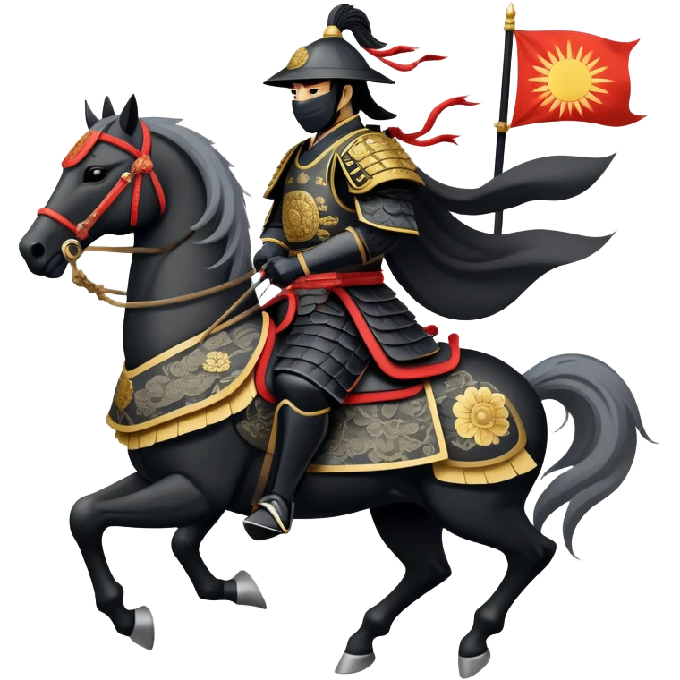 clash-of-clans-aesthetic_-cinematic-fearsome-and-majestic-samurai-bust-portrait-emoji, rendered in a flat, vector-style with minimal shading and bold, simplified shapes typical of emoji art, depicting a battle-hardened samurai with black mask and traditional black Japanese armor. The samurai is riding a noble grey warhorse adorned with an intricately designed saddle and fluttering banners and a rising sun. a zoomed in samurai riding on a  horse emoji