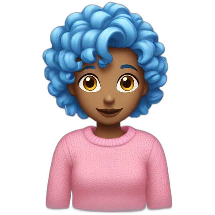 A girl, with curly blue hair, blue eyes, wearing a pink sweater. emoji