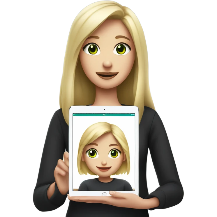 Apple grey ipad in girls hands (blond Girl whole height pinky lips greenish eyes wearing black top, holding IPad in one hand)) emoji