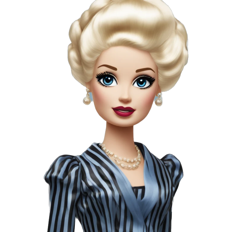 1920s Blonde Silkstone Marie Antoinette Barbie enid sinclair from academy in a blue and black vertically-striped classic dress. riding hot rod bikes with crows emoji