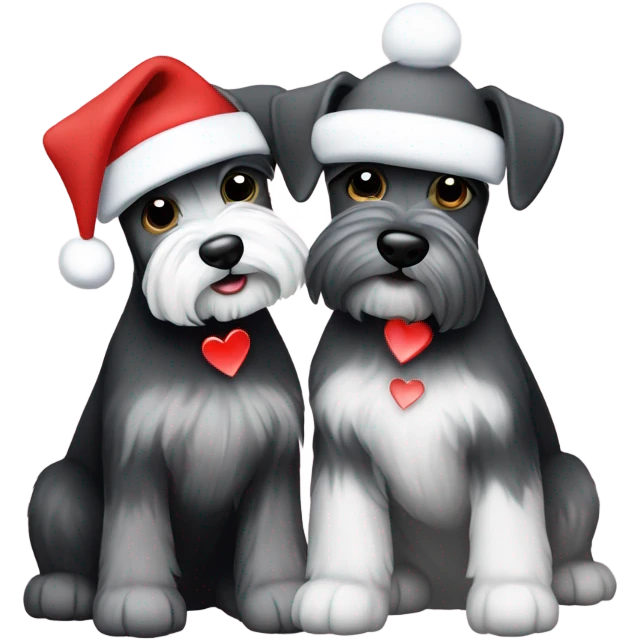 2 miniature schnauzers, 1 grey and one black and white, wearing Christmas hats with a heart in between them emoji