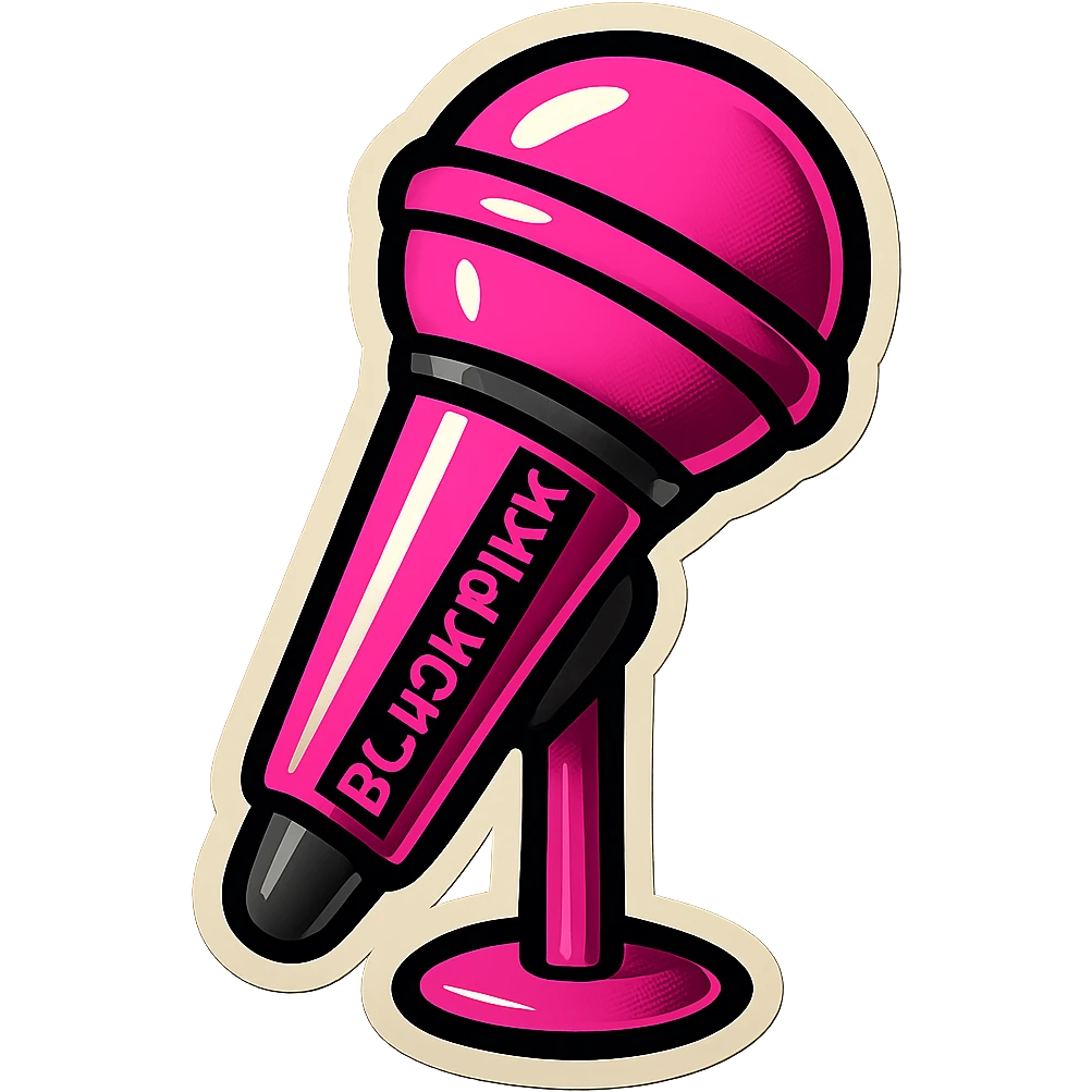 Add a BLACKPINK logo to this retro sticker style microphone, keeping the playful, bold, and vibrant look. emoji