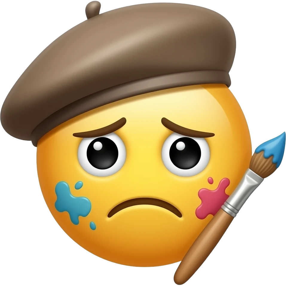 emoticono clasico, como el pintor vangogh, con boina, pincel y toda manchada de pintura pincel triste emoji