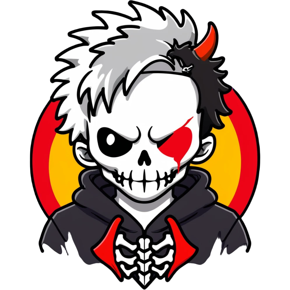 man with white and black messy hair, half face black, red horns with eyes, black hoodie fading to white, red wings, skeleton dragon behind neck, yellow heart lock necklace emoji