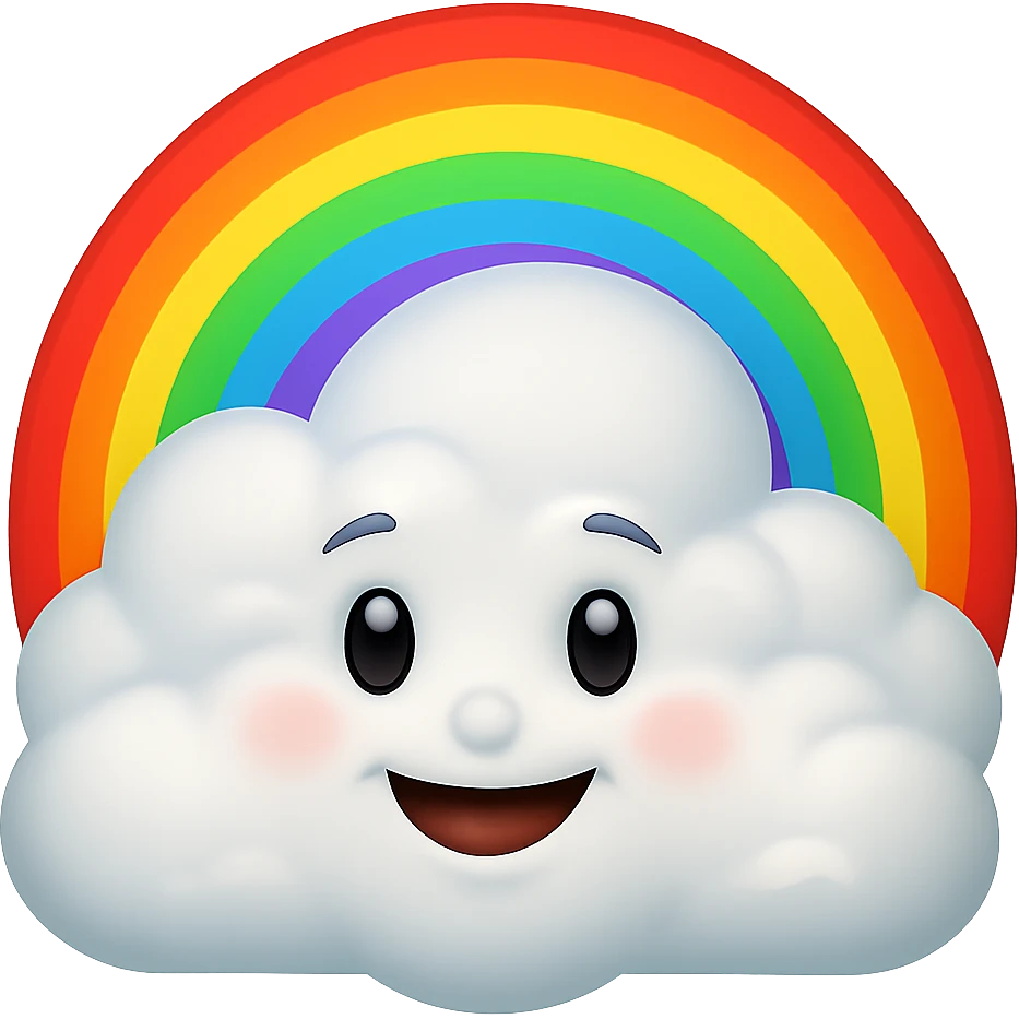 Add a bright, colorful rainbow arcing over the cloud in a Disney style, Apple emoji style. Keep the background transparent. emoji