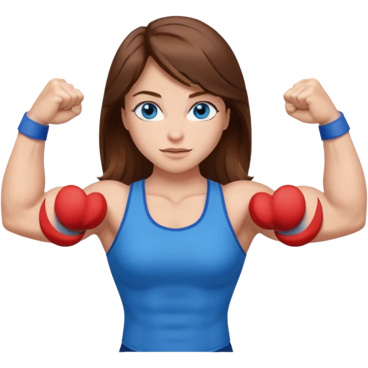 Girl with brown hair, blue eyes and really muscular arms, flexing her muscles emoji