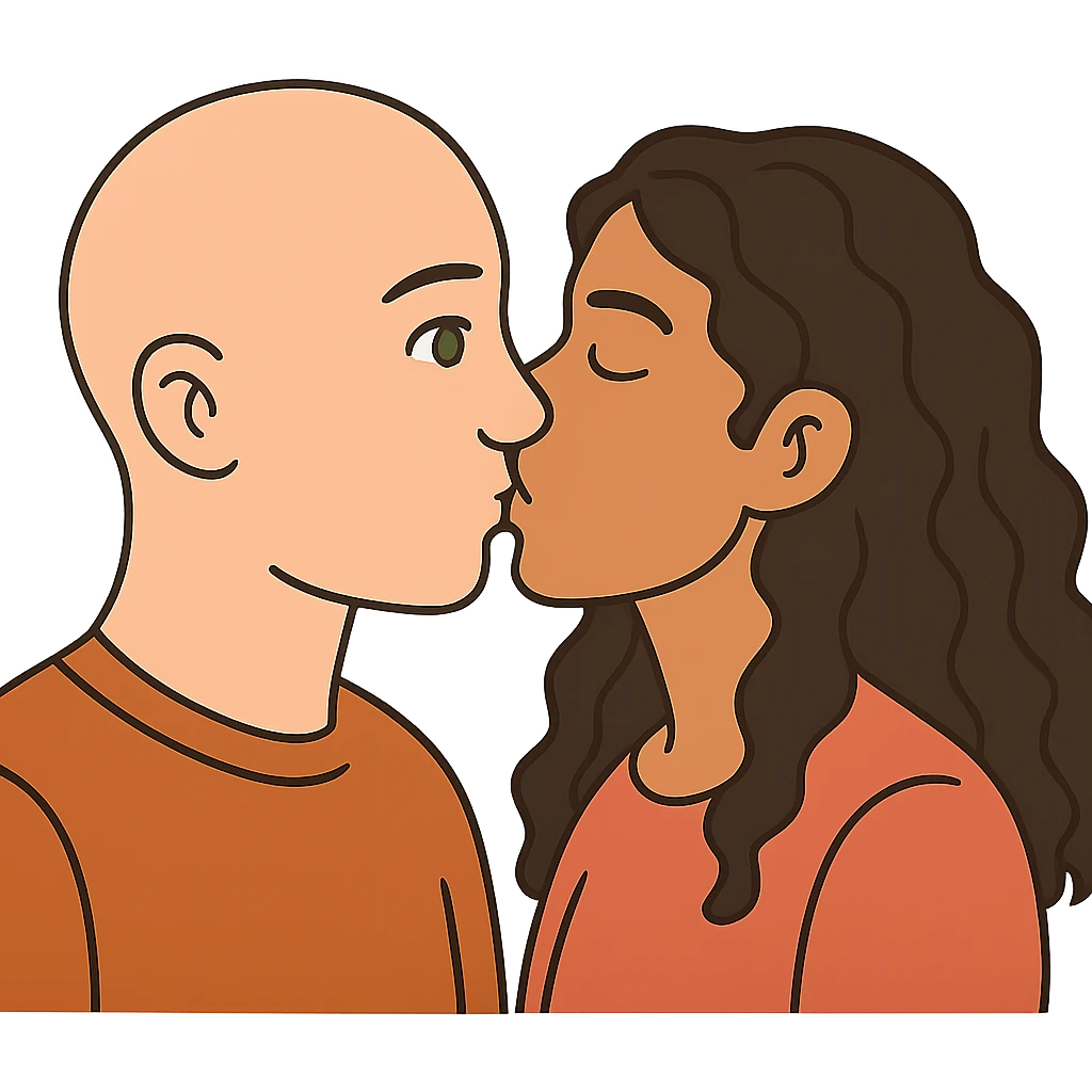 flat toon style caucasian bald man with green eyes and caucasian woman with long curly dark hair and brown eyes kissing emoji