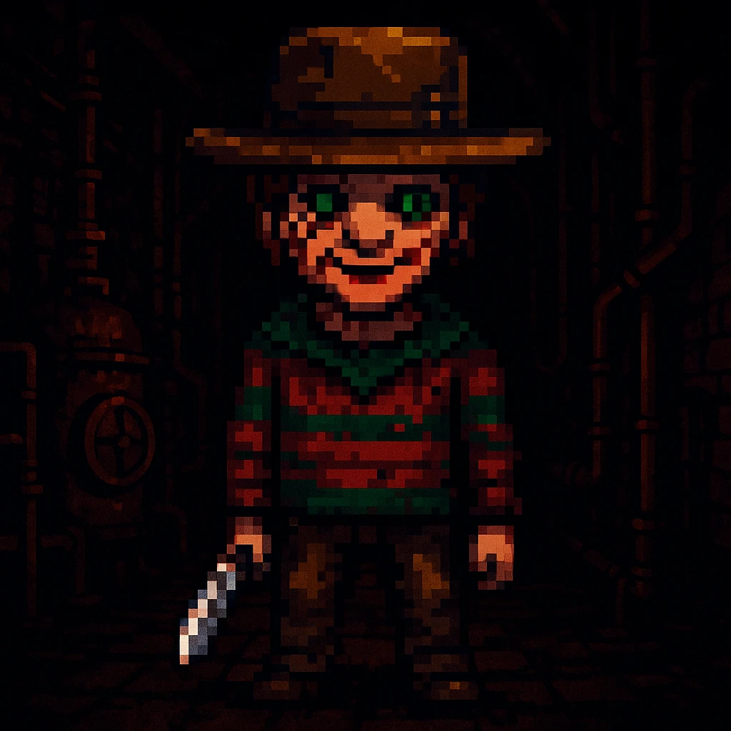 Add a spooky, nightmarish background with a boiler room and dark shadows behind Freddy Krueger, keep pixel art style emoji