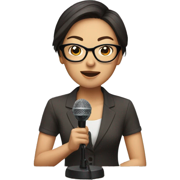 Asian woman with short brown hair wearing glasses talking into a microphone emoji