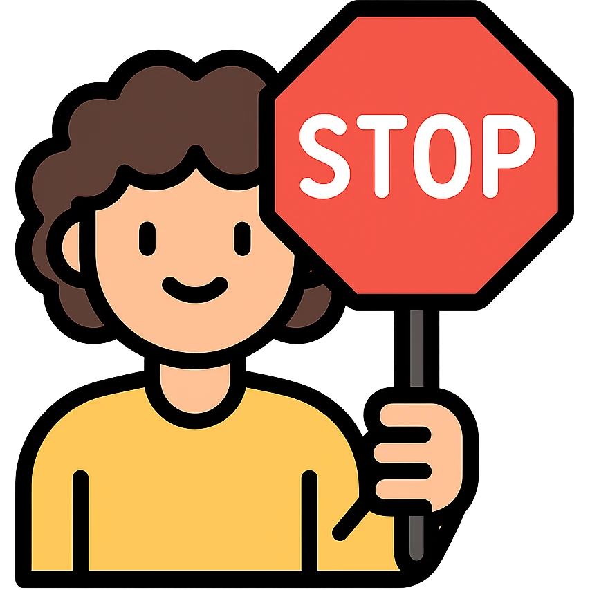 brunette person with curly hair holding a stop sign, color outline icon emoji