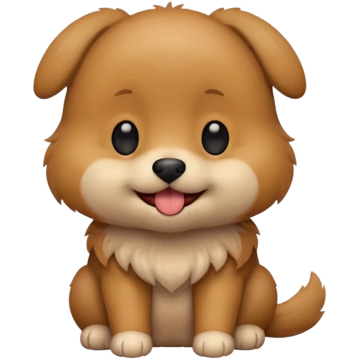 Cute small brown fluffy dog emoji icon. Round face, short muzzle, light brown fur with slightly darker ears, small black nose, happy smiling expression with tongue out. Soft friendly eyes, sitting pose with front paws together. Simple clean vector style, minimal details, kawaii style. emoji