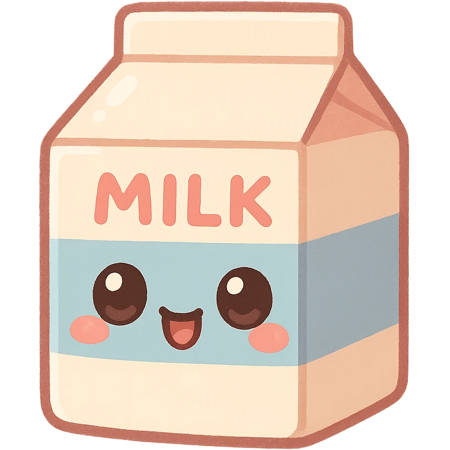 chibi sticker-style milk carton with a smiling face, cute and exaggerated emoji