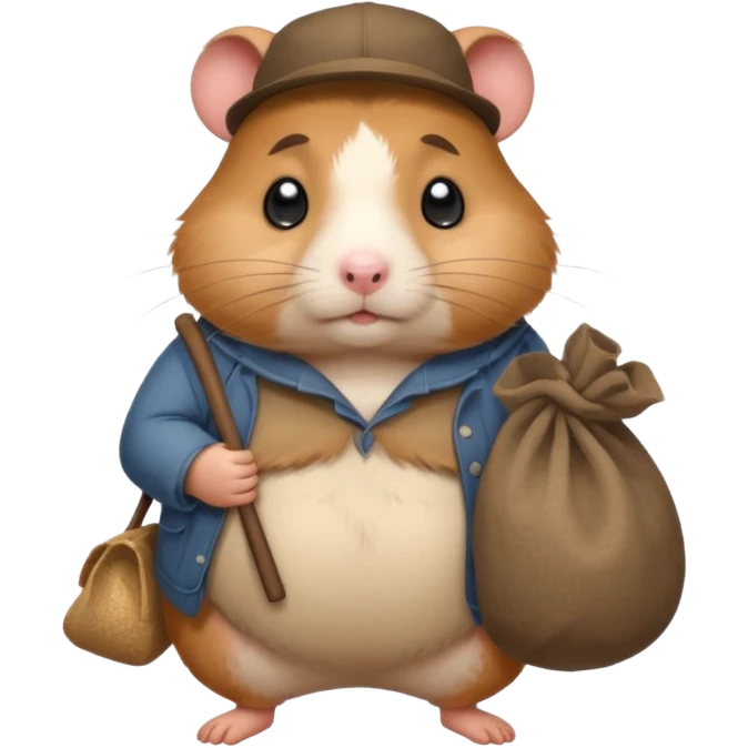 Fat cartoon-style hamster hobo carrying a bindle over its shoulder with a sad expression. emoji