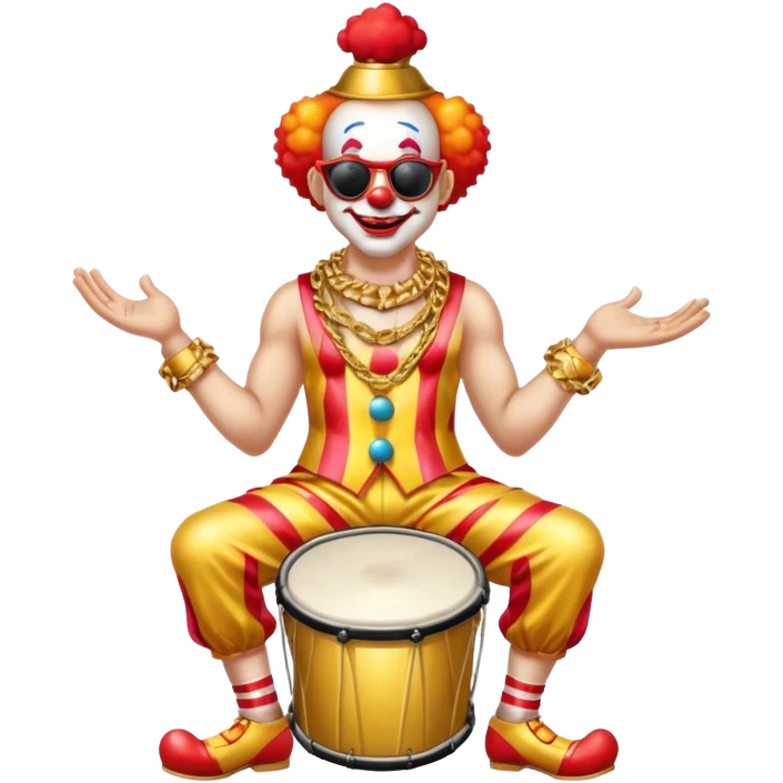 Clown with big golden chain on the neck wearing sunglasses plays drum kit full height emoji