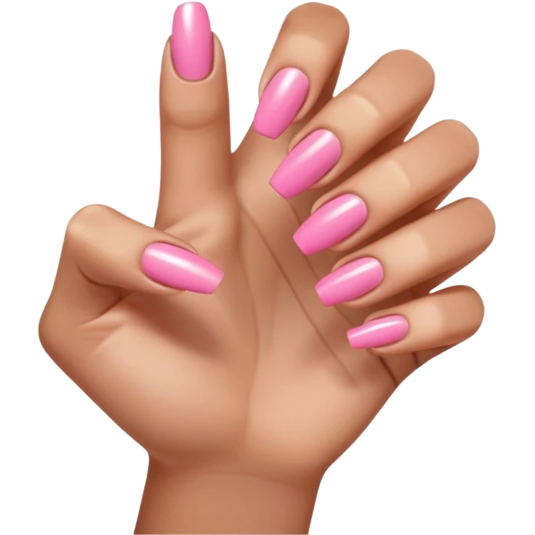  pink close-up of a hand with beautifully manicured nails, glossy pink nail polish, elegant nail shape, soft lighting and shadows, realistic style, emoji