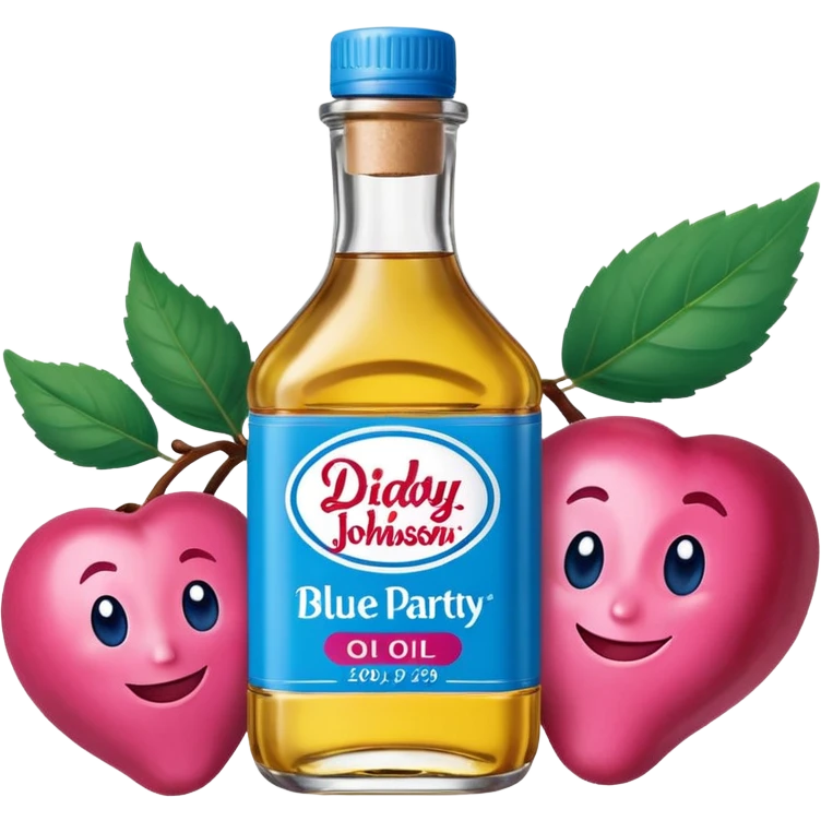 bottle of oil blue top pink outside with logo that says Diddy Party oil Johnson and Johnson  brand with a smiling berry on top emoji