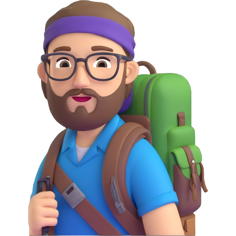 adventurer with goatee beard (no beard on cheeks), short hair, glasses, bandana on head and backpack emoji
