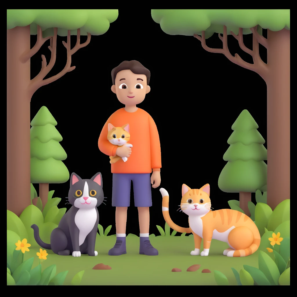 boy and cat pet in forrest background, close up pose emoji
