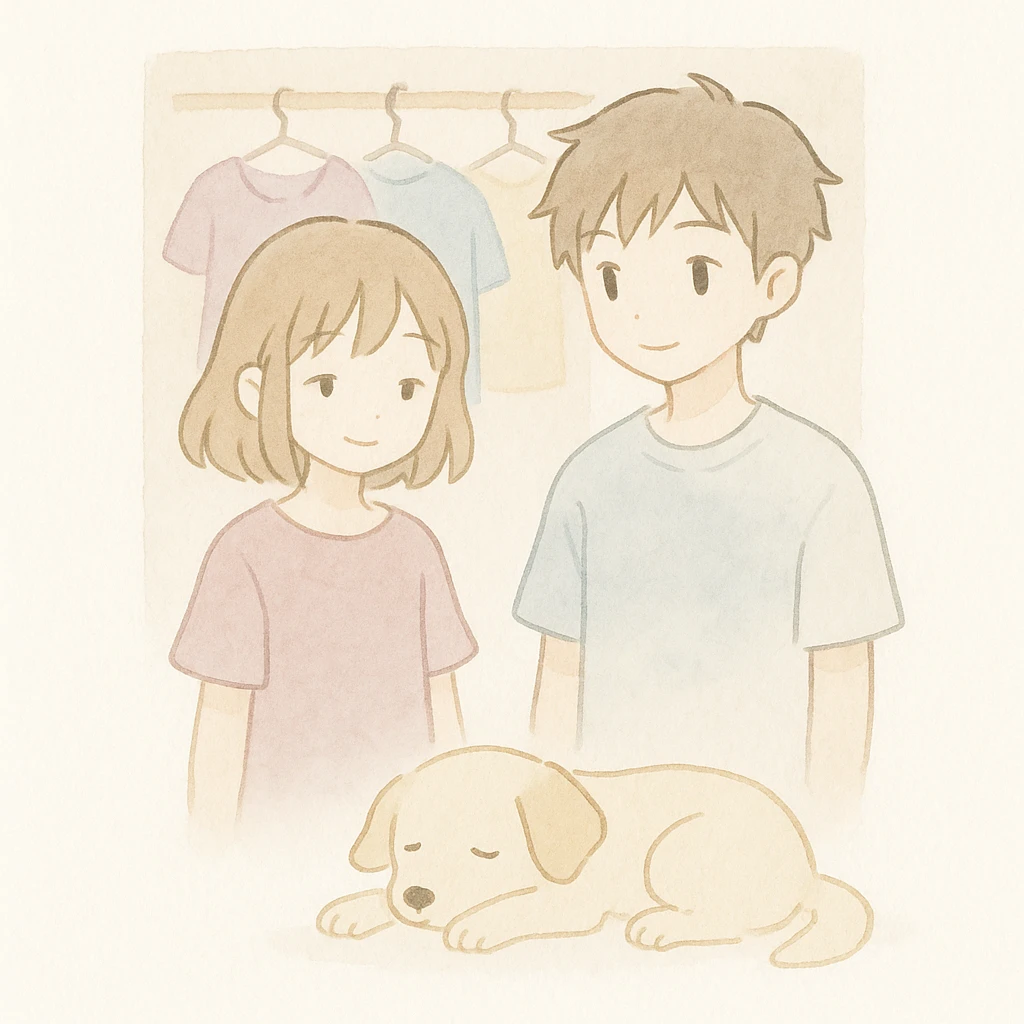 soft watercolor illustration of a boy and a girl with anime-inspired features standing in front of a closet with a purple dress hanging on the left behind the girl, a blue shirt in the middle, and a yellow shirt on the right; a dog lying in front of the two characters; pastel colors, delicate linework, gentle whimsical mood, minimal soft shading emoji