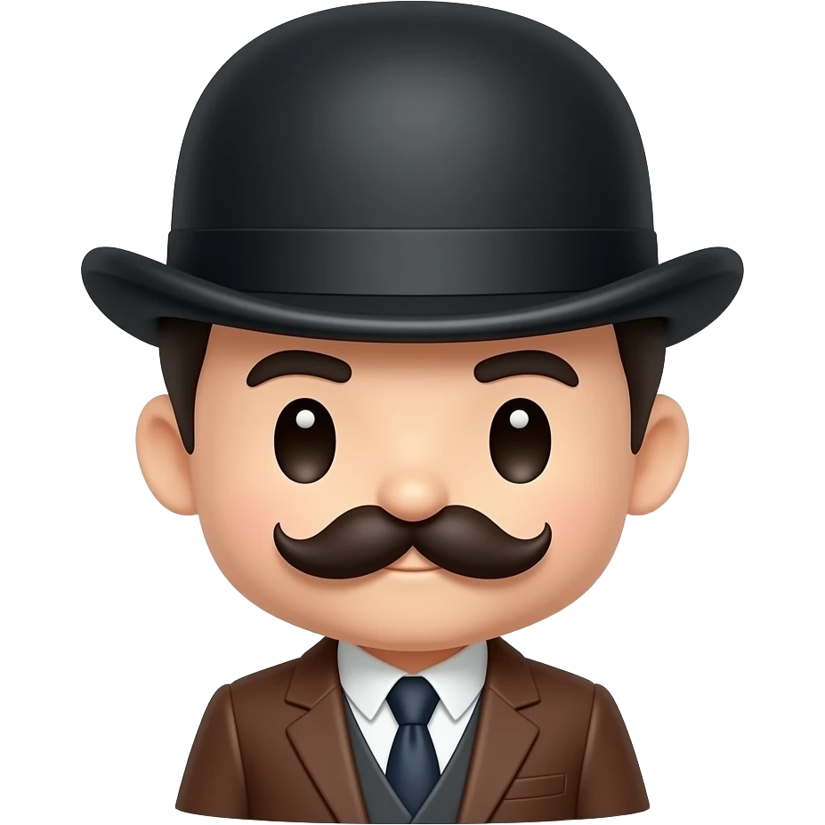 Chibi Dr. Watson icon, bowler hat, mustache, brown suit, emoji
