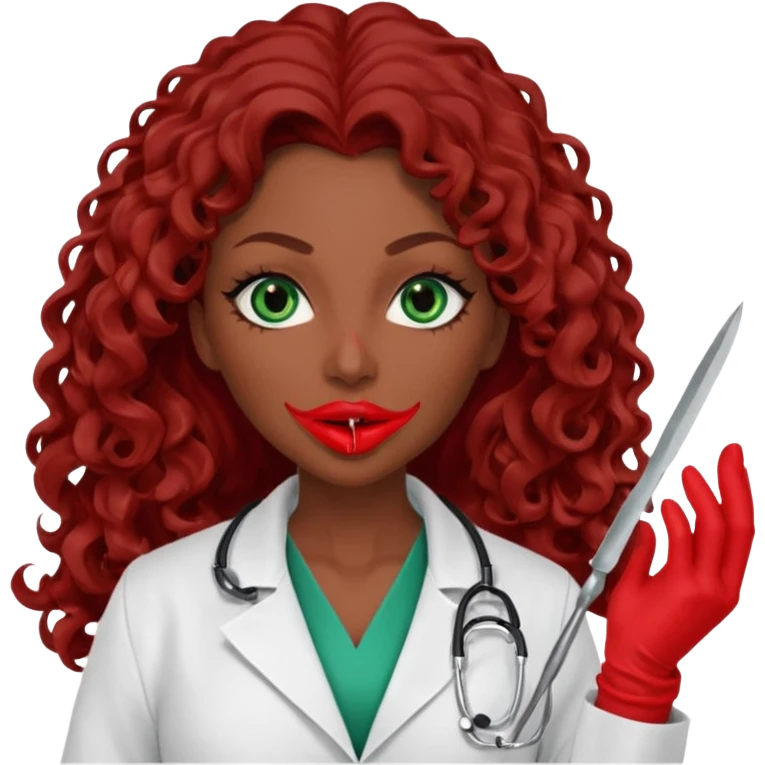 Lilith symbol sexy evil woman. She has green eyes.  had brown long curly hair.  evil surgeon kills with scalpel wears red sexy doctor coat with red mouth cover red gloves. Covers nose, neck  and mouth with Muslim red berka emoji