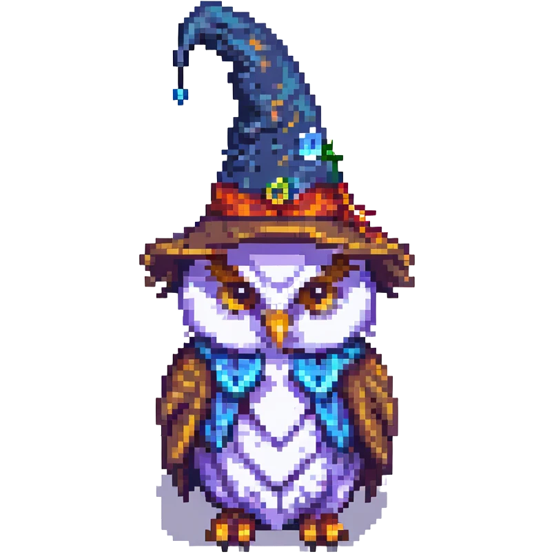 owl with a wizard hat in pixel art style emoji