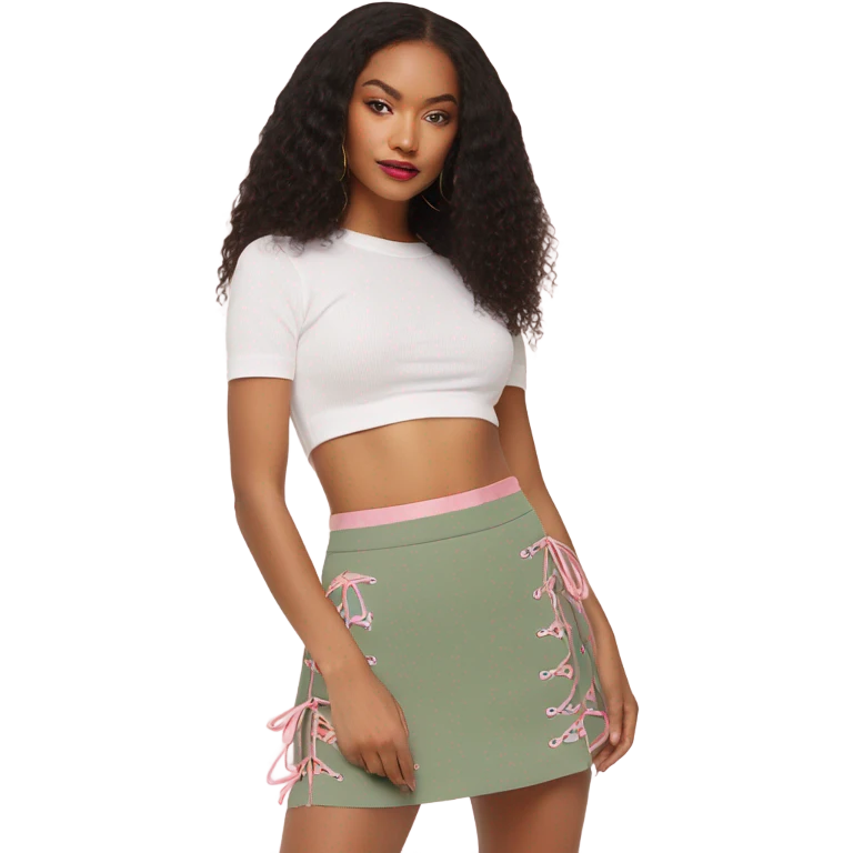 Sage green a-line mini skirt with pink lace up on the sides and bows and embroidery, isolated emoji