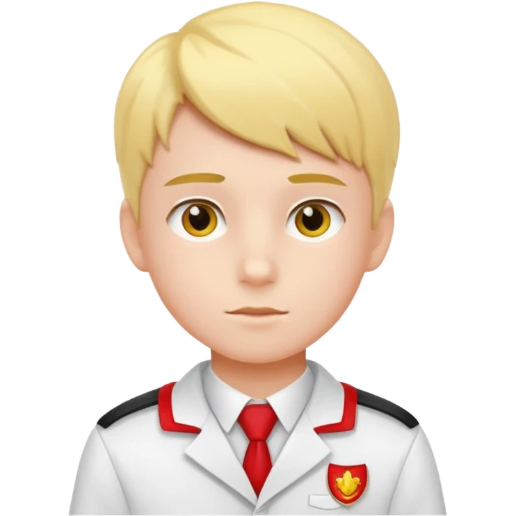 um menino estudante com uniforme branco e detalhes amarelo e vermelho emoji