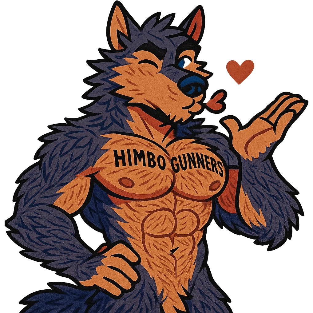 very muscular wolf furry, shirtless, with 'Himbo Gunners' tattooed on his pecs, blowing a kiss and winking, playful and confident expression, extremely detailed fur and anatomy, ultra high quality emoji
