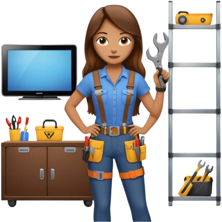 beautiful girl with long brown hair constructing new lounge room area with flat screen tv and couch emoji